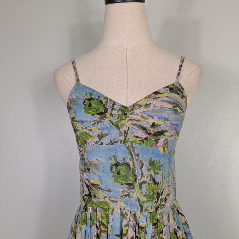 Floral Mini Dress S Blue Green Jigsaw Sundress Cotton Gauze Beach Retro Tropical